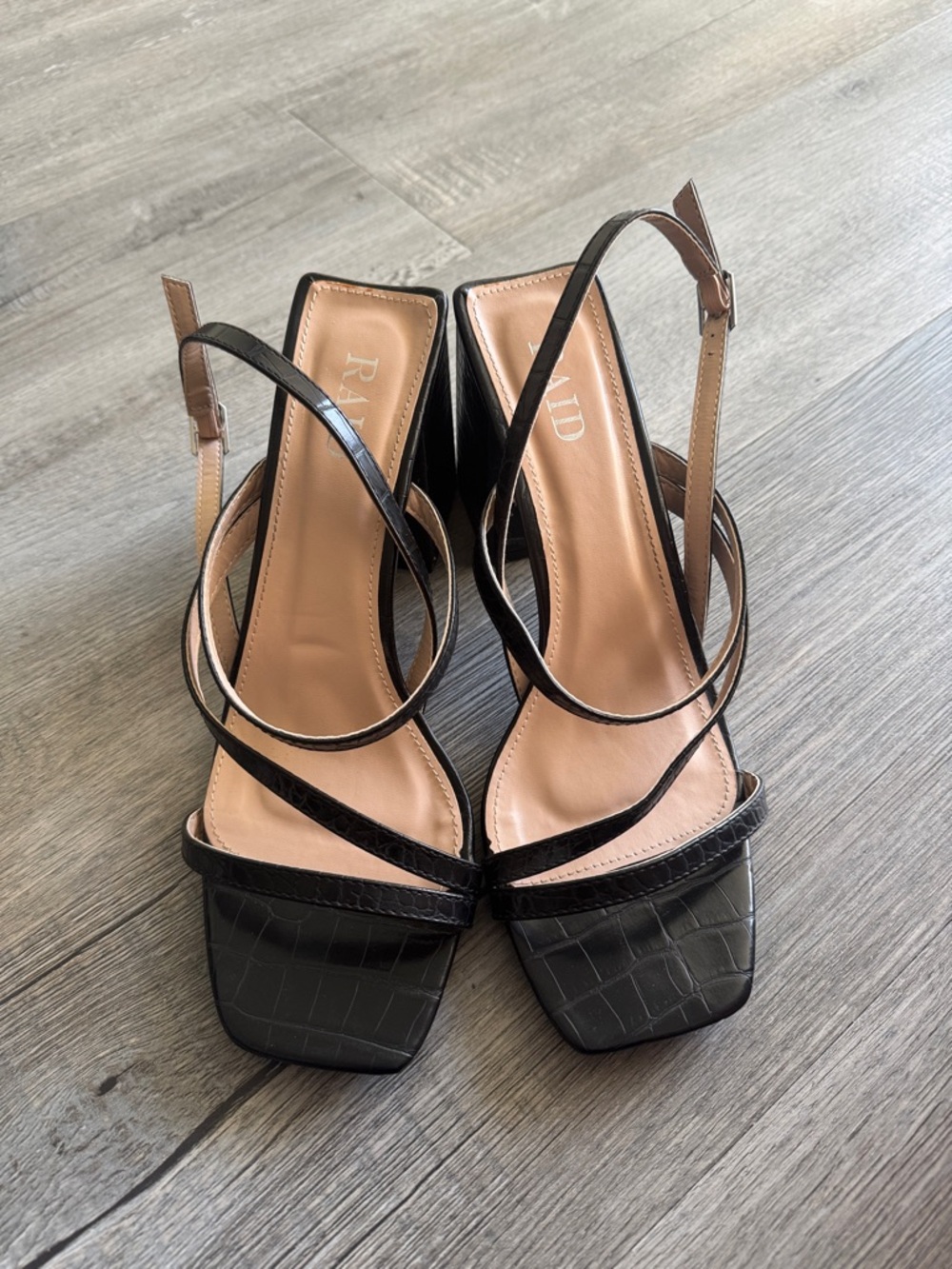 Black Croc-Embossed Slingback Block Heels